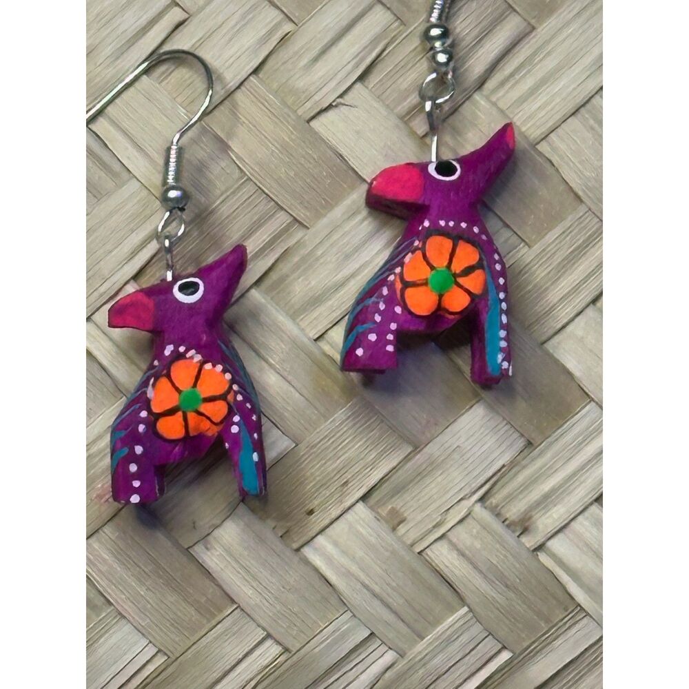 Purple Deer Alebrije Earrings Hand Carved Painted Wood Oaxaca Mexican Folk Art